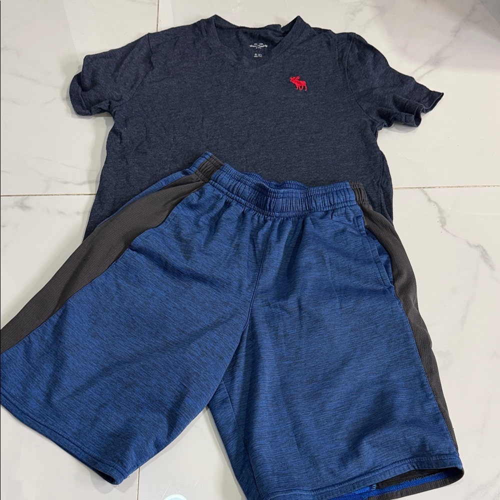 Abercrombie & Fitch Navy Tee with Red Moose and Blue Active Shorts